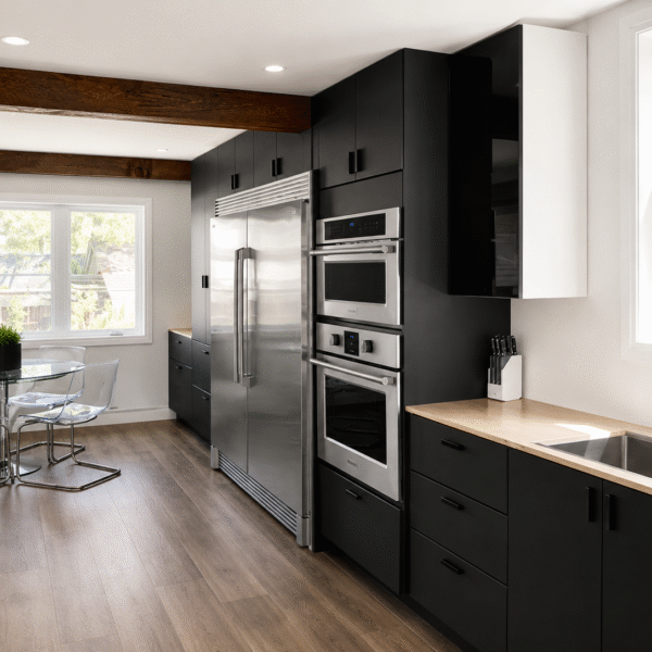 Bold Matte Black Kitchen with Warm Wood Beams